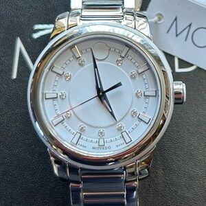 Movado Diamond Watch With 34mm White Face & Silver Bracelet